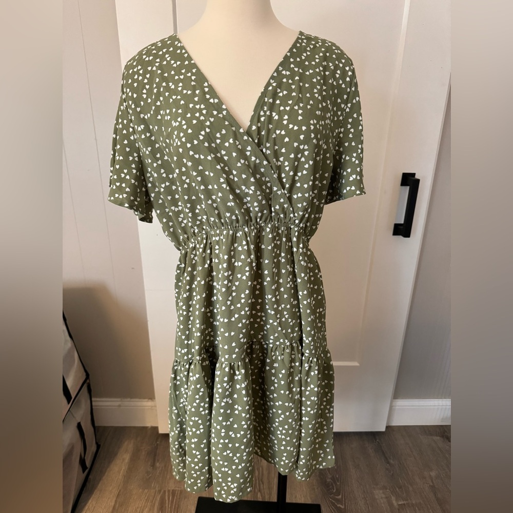 Green V Neck Surplice Neckline Dress with White Hearts